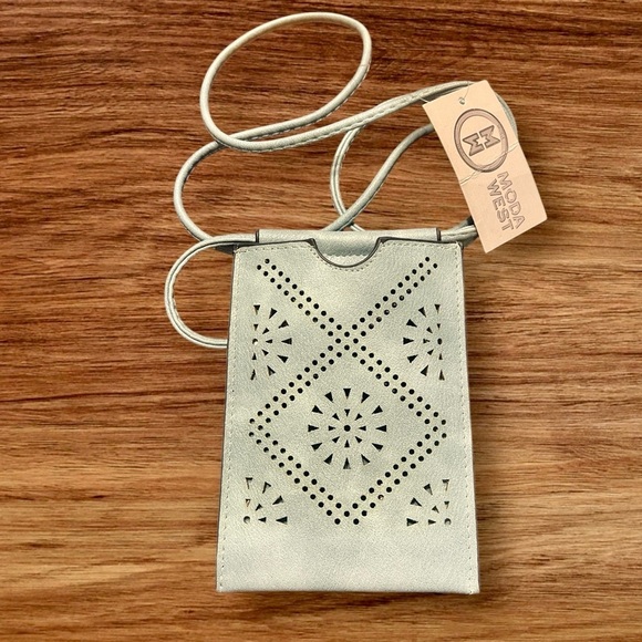 Moda West Handbags - Moda West CrossBody Purse Vegan Leather Bag Blue-Gray Embelishment Pattern